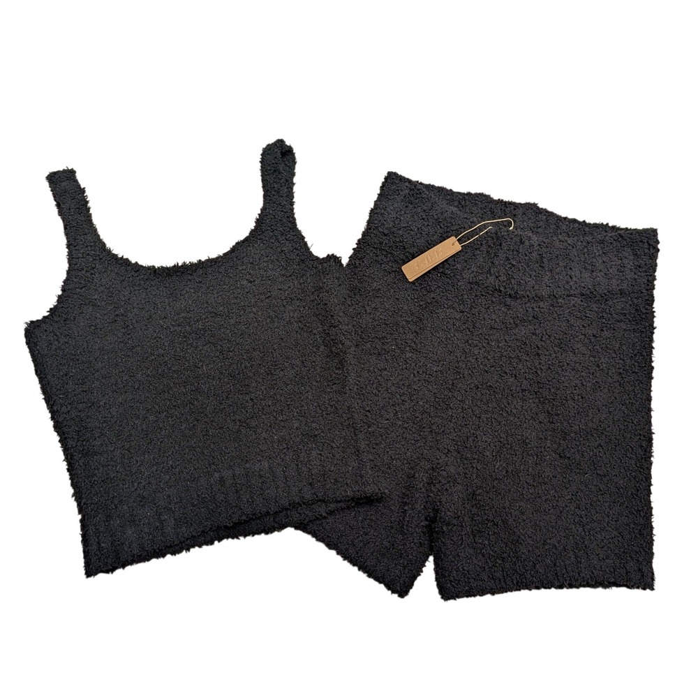 SKIMS Cozy Knit Tank & Short Set Onyx Black S/M Loungewear Pajamas Cozy Teddy